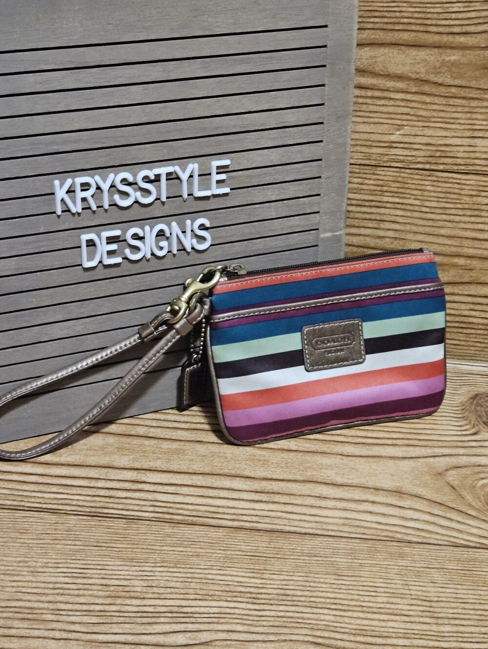 COACH Legacy Striped Satin & Leather Wristlet W Baby Hangtag